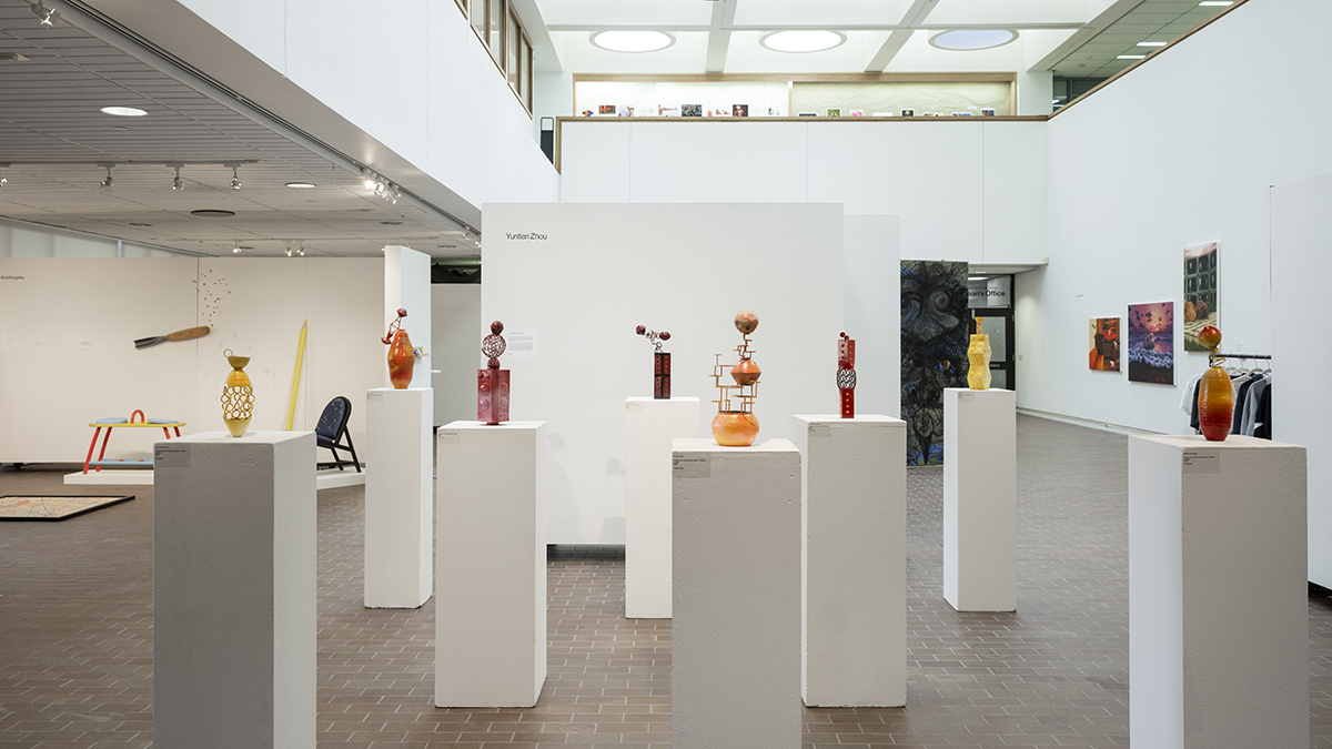 A wide view of work displayed in Bevier Gallery.