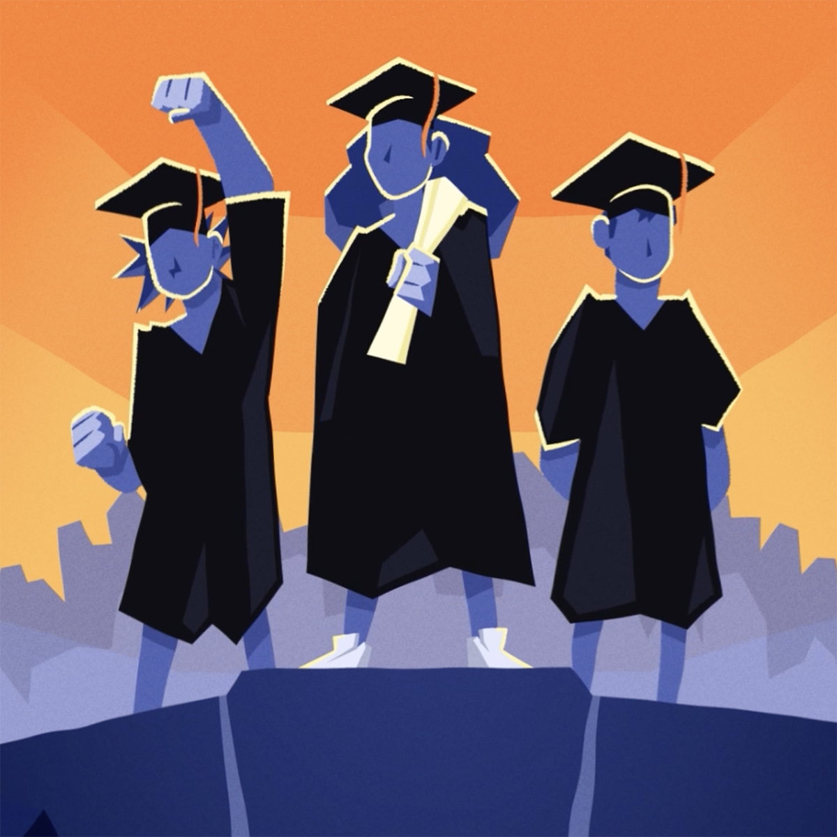 An animation of three students in regalia.