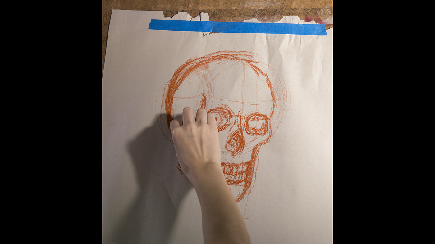 A drawing of a skull.
