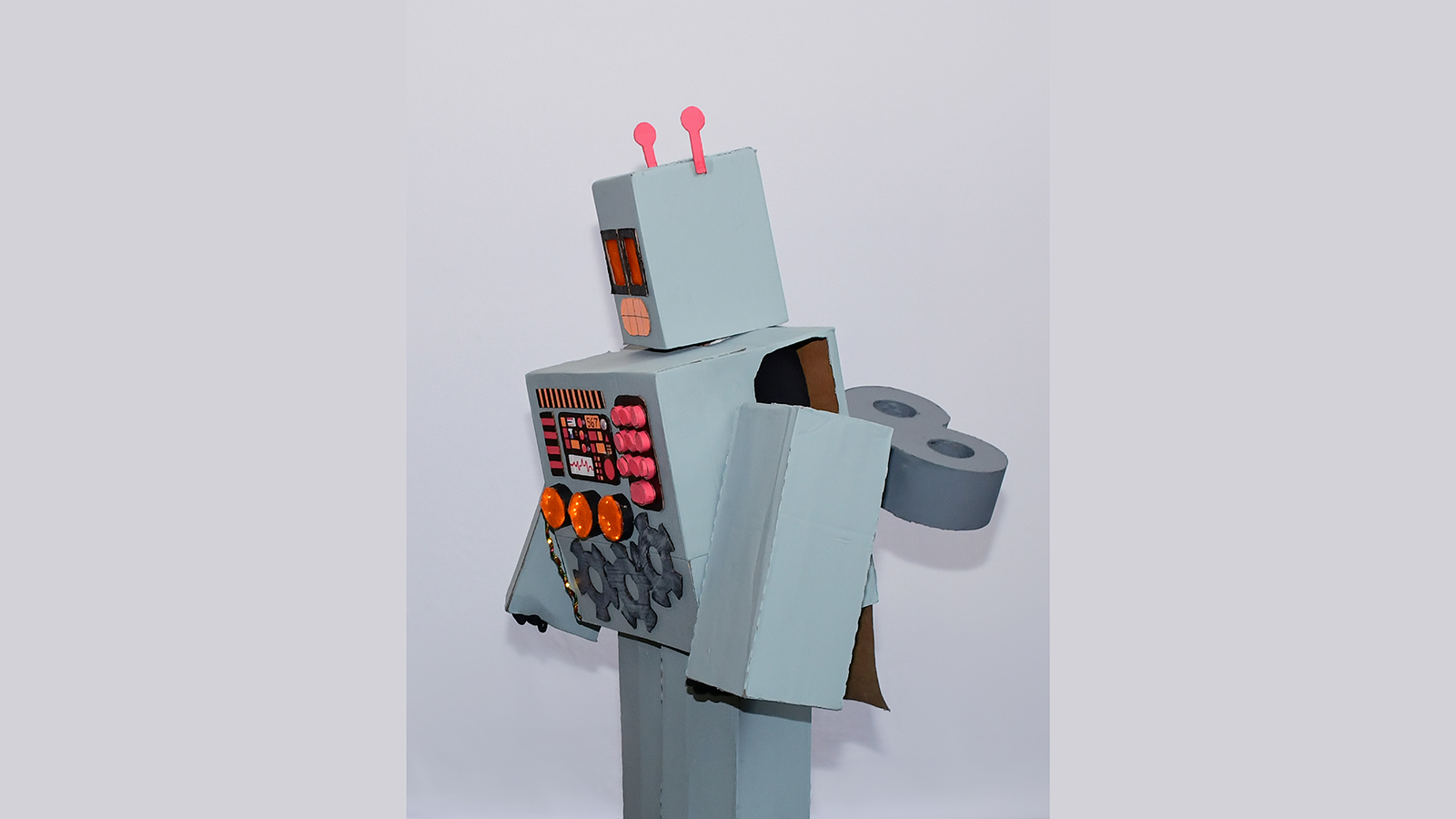A wearable robot made out of cardboard.