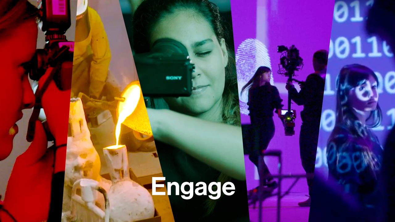 A five-frame image showcasing students working in studios.