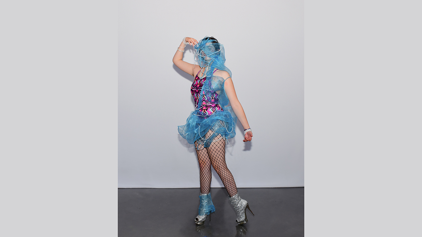 A figure skating outfit-like wearable sculpture.
