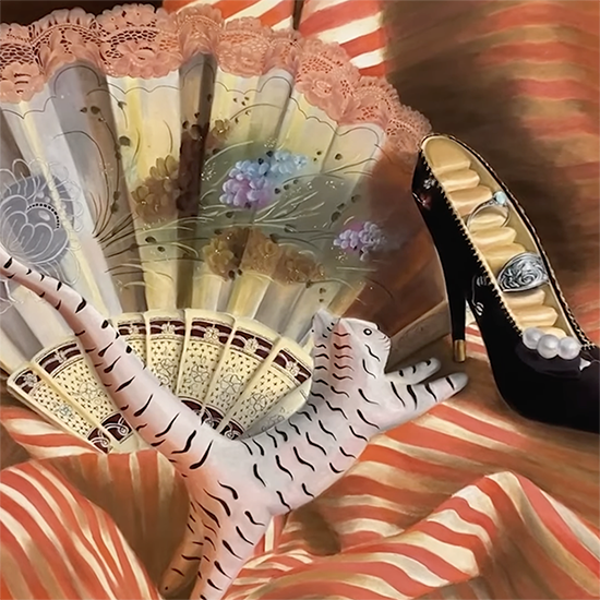 A still-life draing of a cat and a high heel.