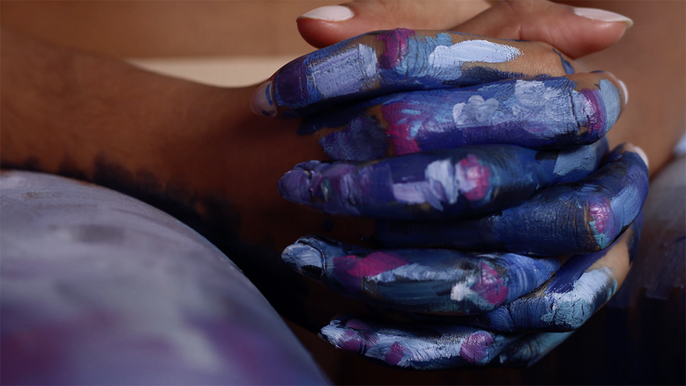 Hands painted blue interlock.