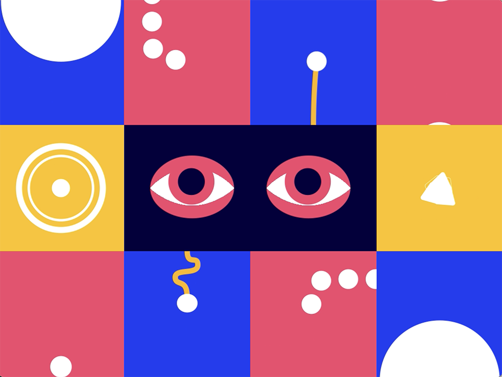 An abstract design in a grid with various objects.