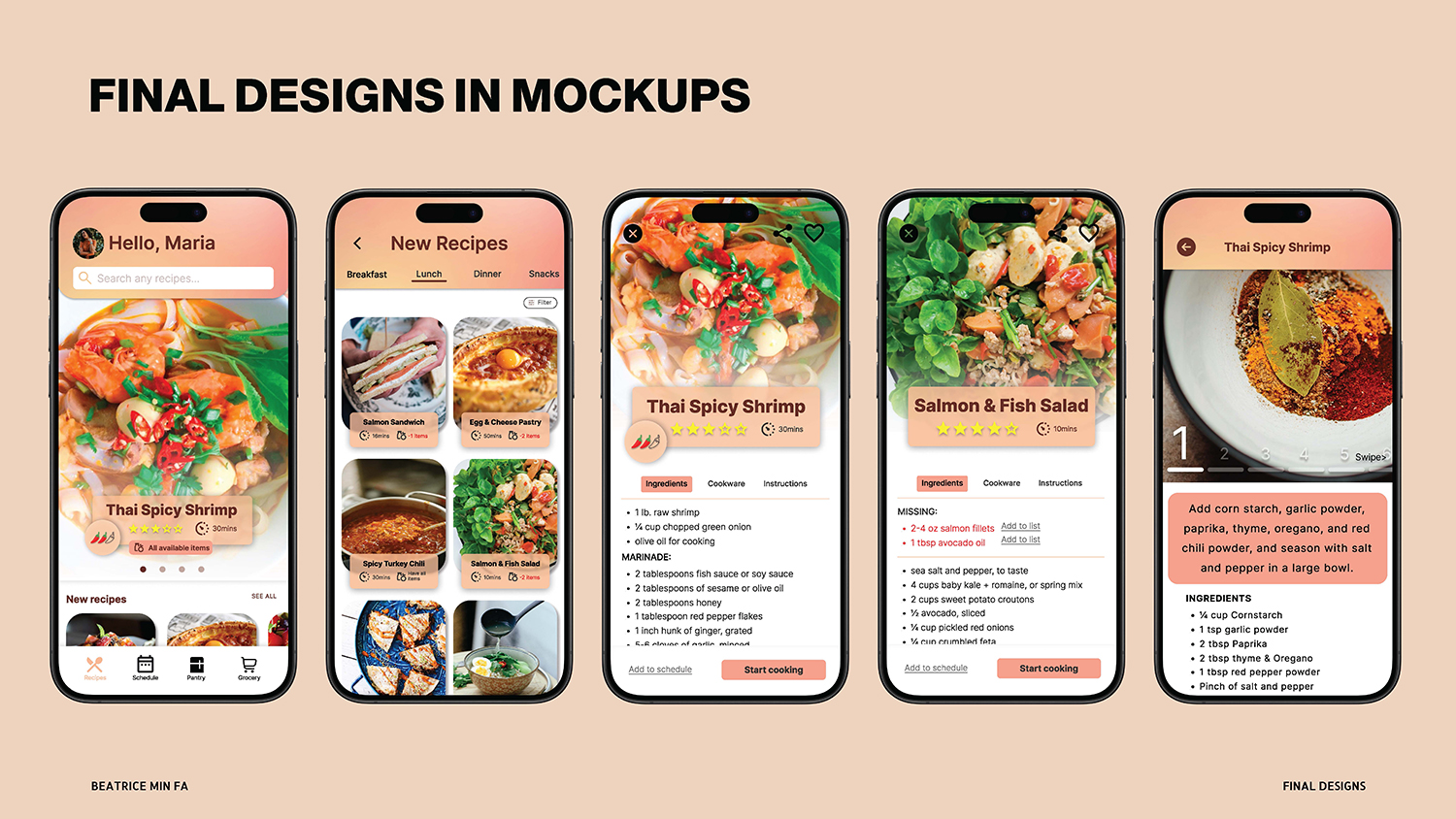 Views of screens that showcase a recipe app.