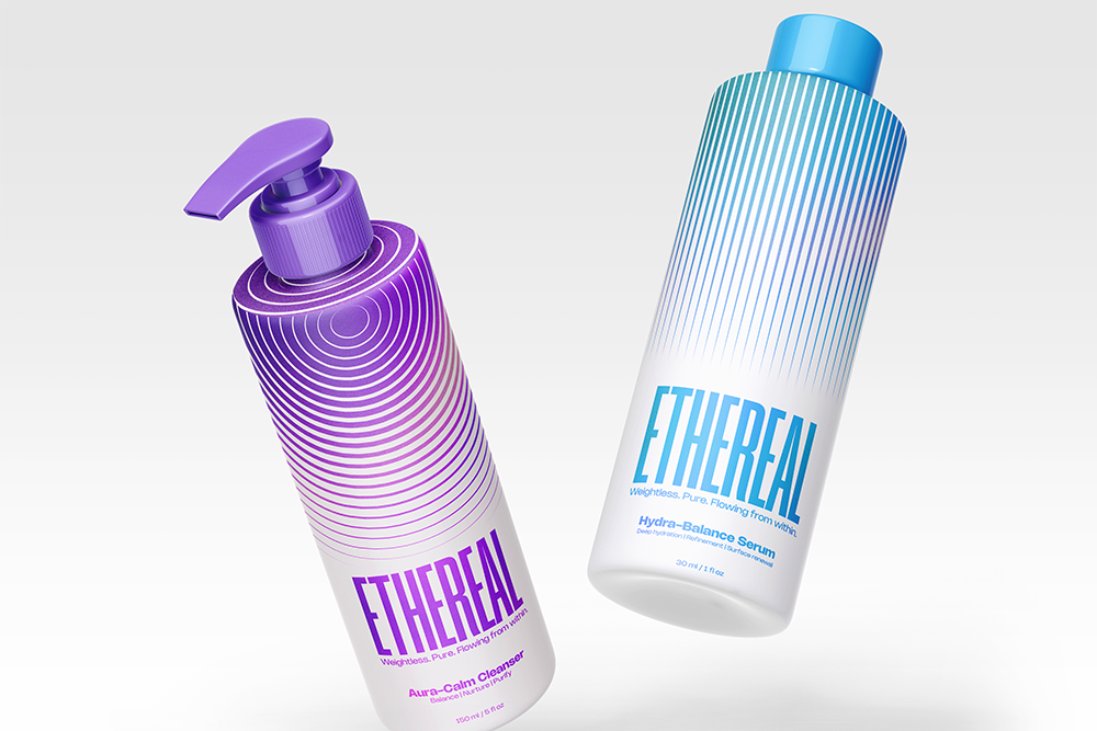 Custom designed shampoo bottles, in purple and blue.
