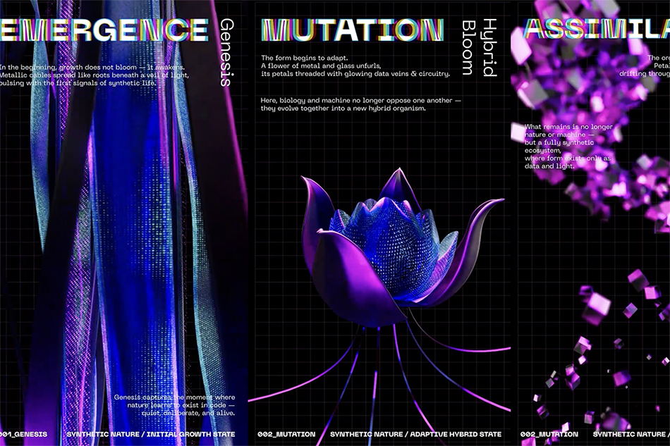 A black, blue and purple tinted triptych.