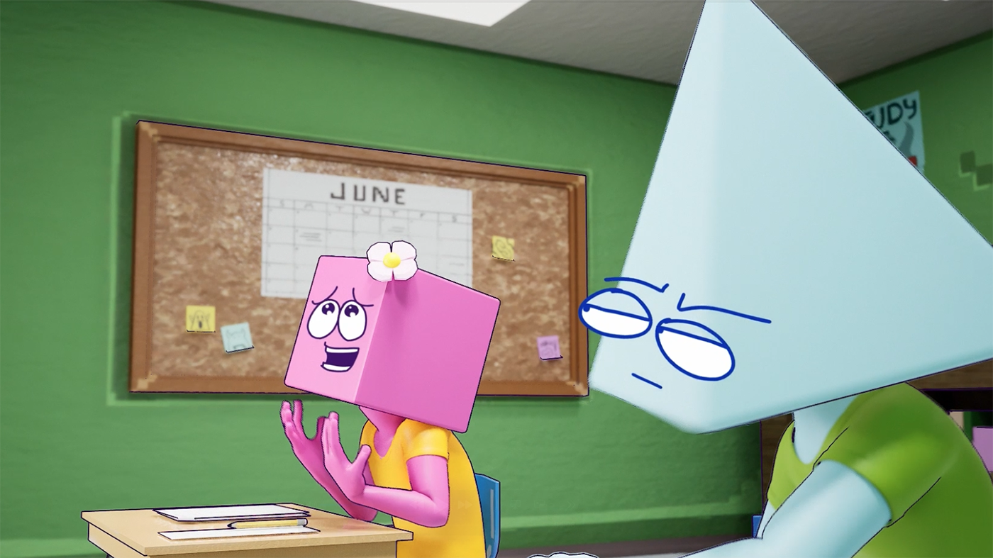 Two 3D animated characters take a test side by side.