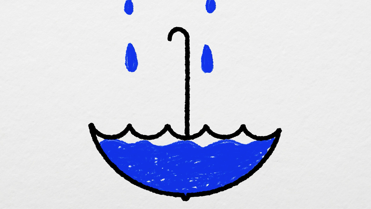 A 2D-animated umbrella turned upside down and filled with water.