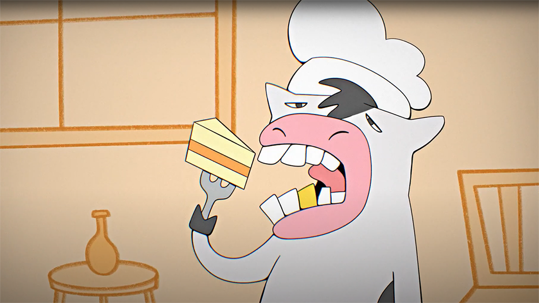 An animated cow eats a piece of cake.