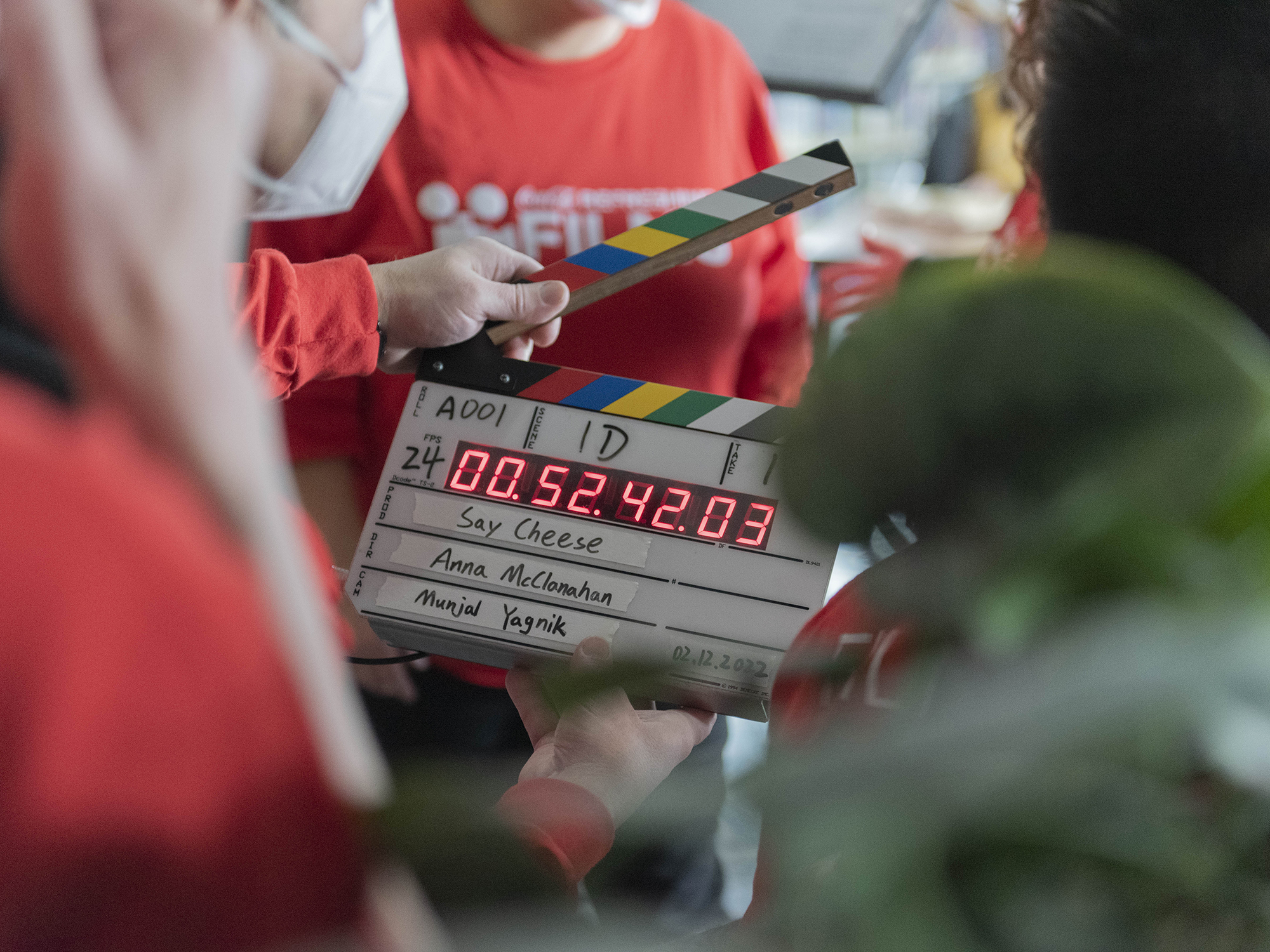A clapper board for the production of Say Cheese, a commercial sponsored by Coca-Cola.