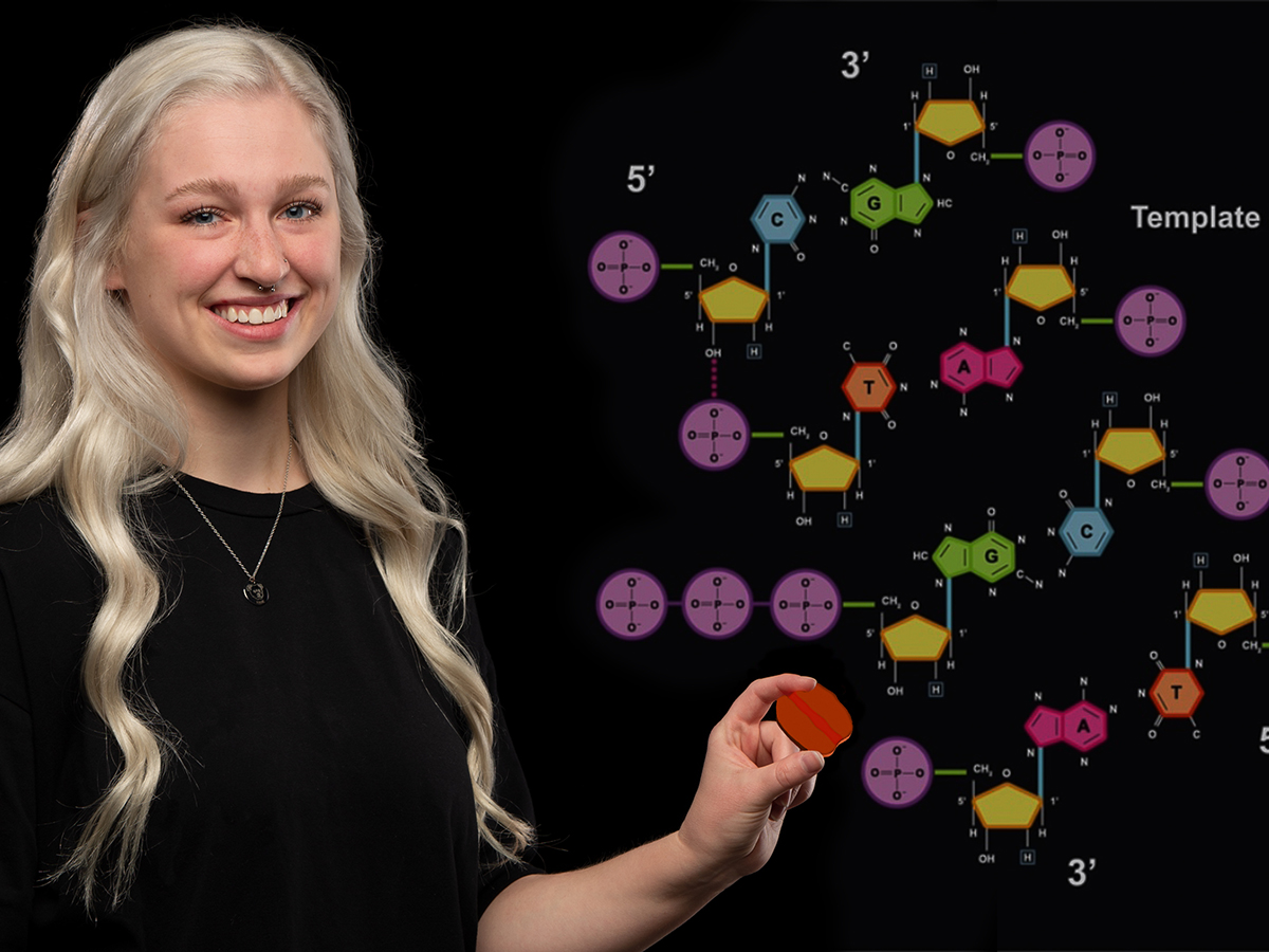 A composite image of Ashley Mastin with a DNA strand she illustrated.