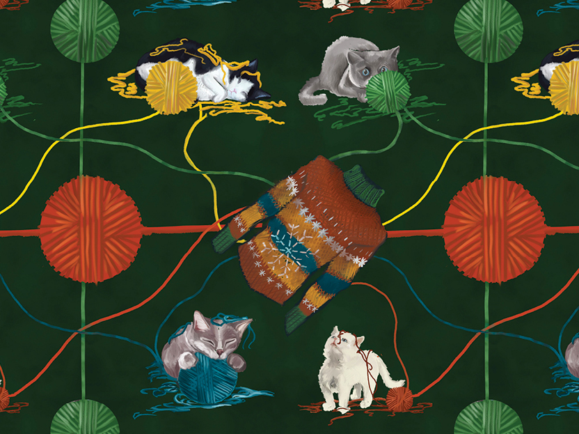 An illustration of cats and knitted sweaters.