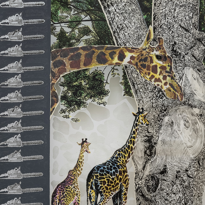 A drawing of a giraffe next to shoes.