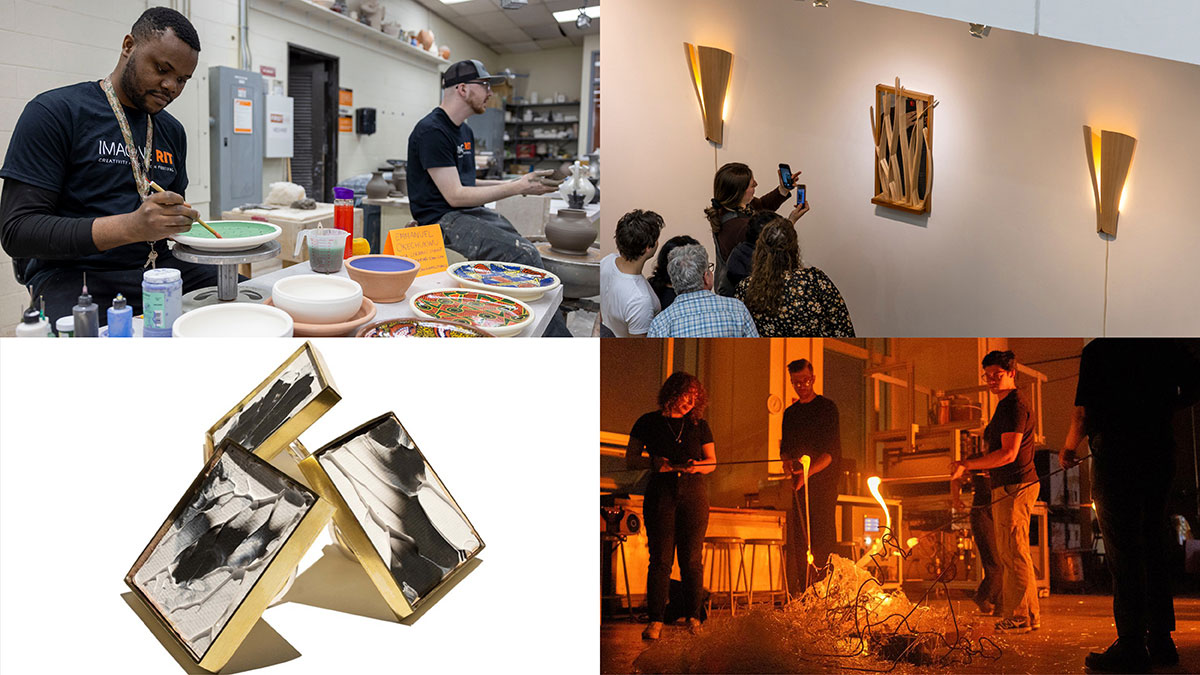 A collage of four images showing ceramics, woodworking, glassblowing, and finished craft art pieces.