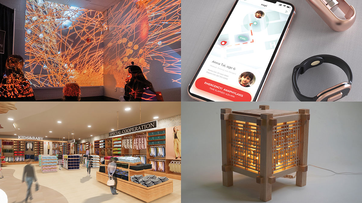 A collage of a vibrant light installation, a smart device app, a clothing store concept, and a wooden lamp.
