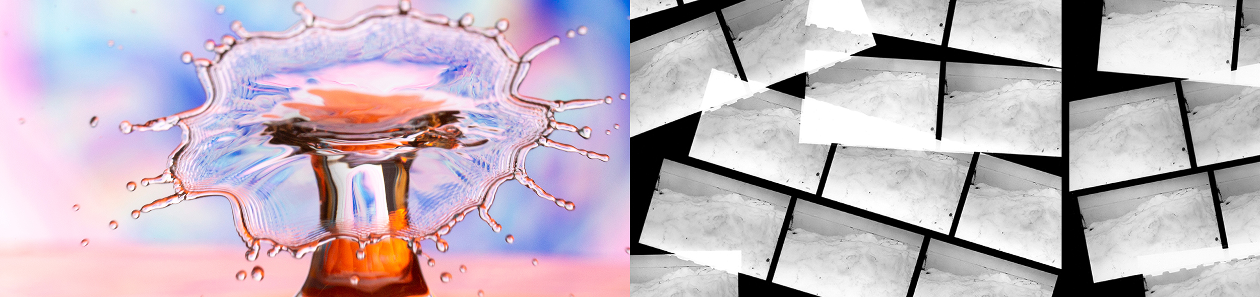 Side-by-side images of a high-speed water drop and negative prints.