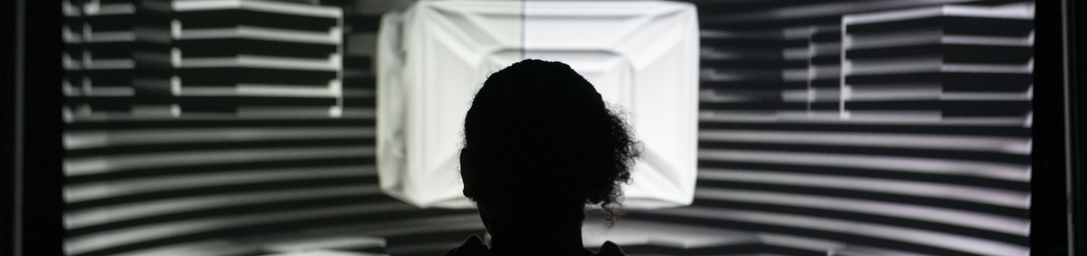 A silhouette of a head looking at a black and white projection.