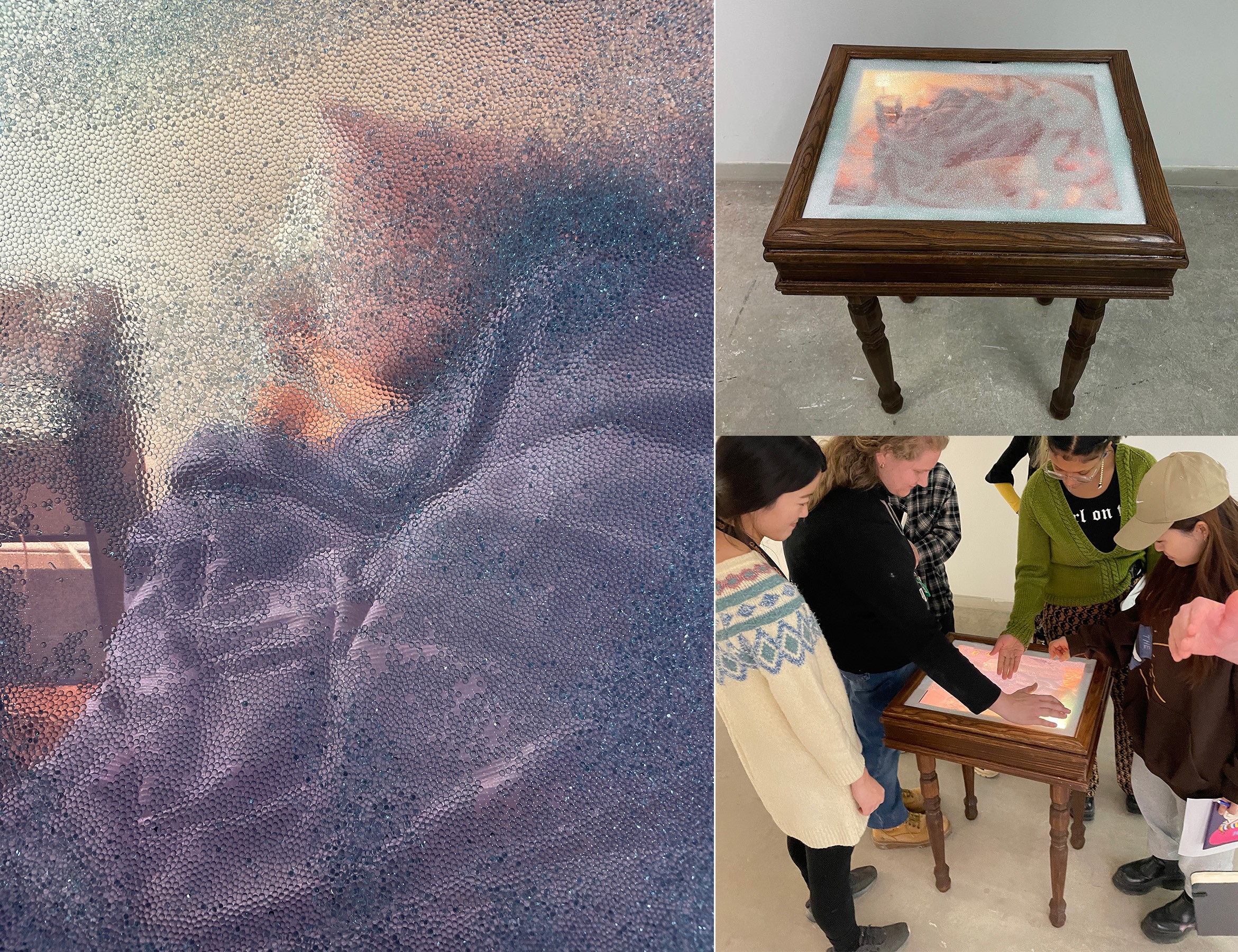 A three photo collage of an interactive work.