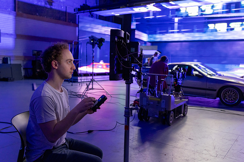Max Schaefer works on a virtual production set in MAGIC Spell Studios.