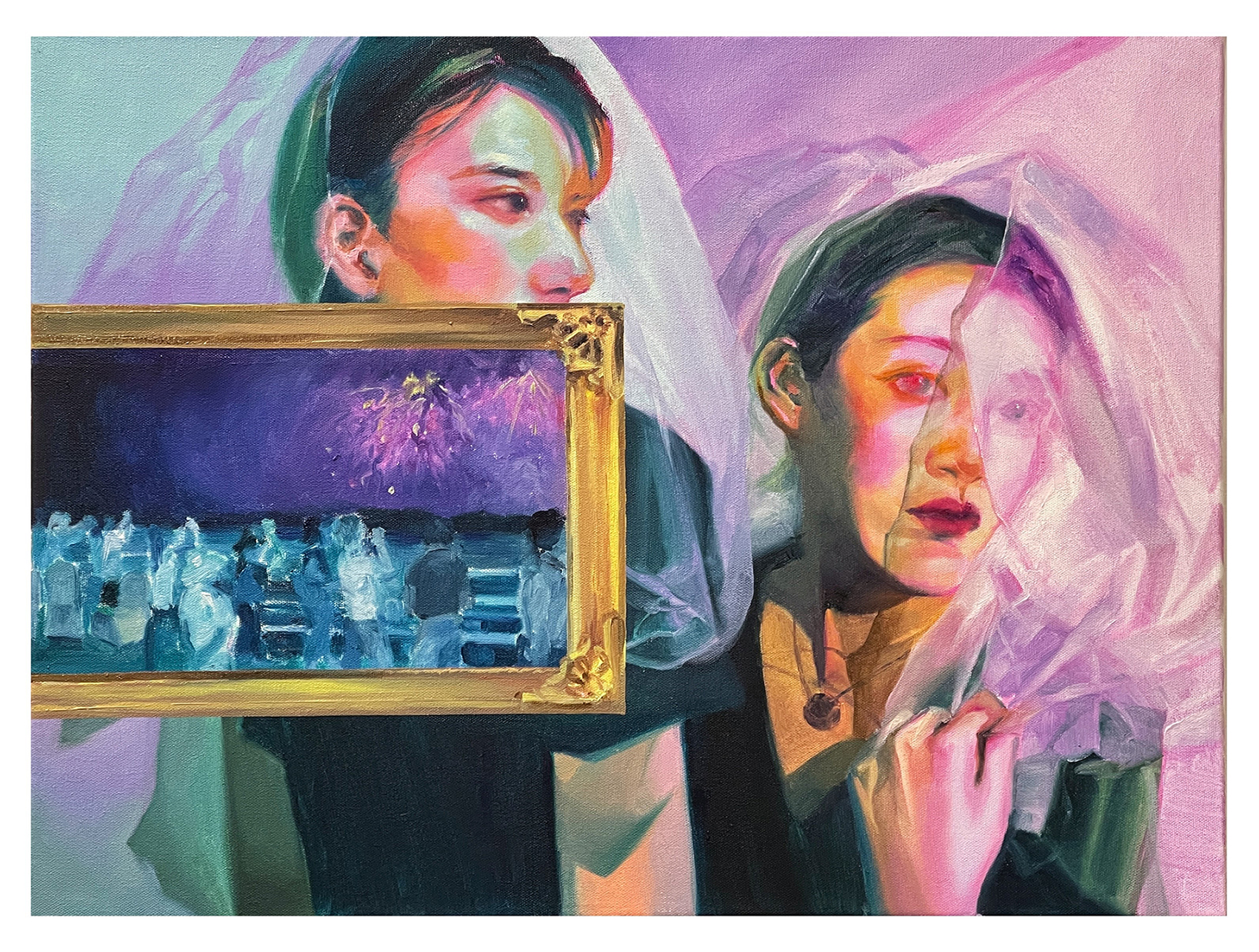 A painting of two people holding a picture.