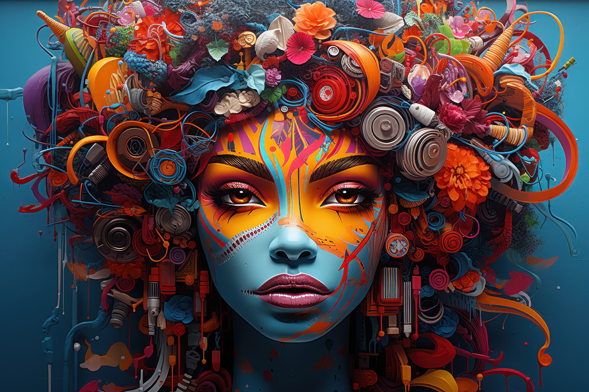 A digitized version of a woman, in many colors, with objects coming out of her head.
