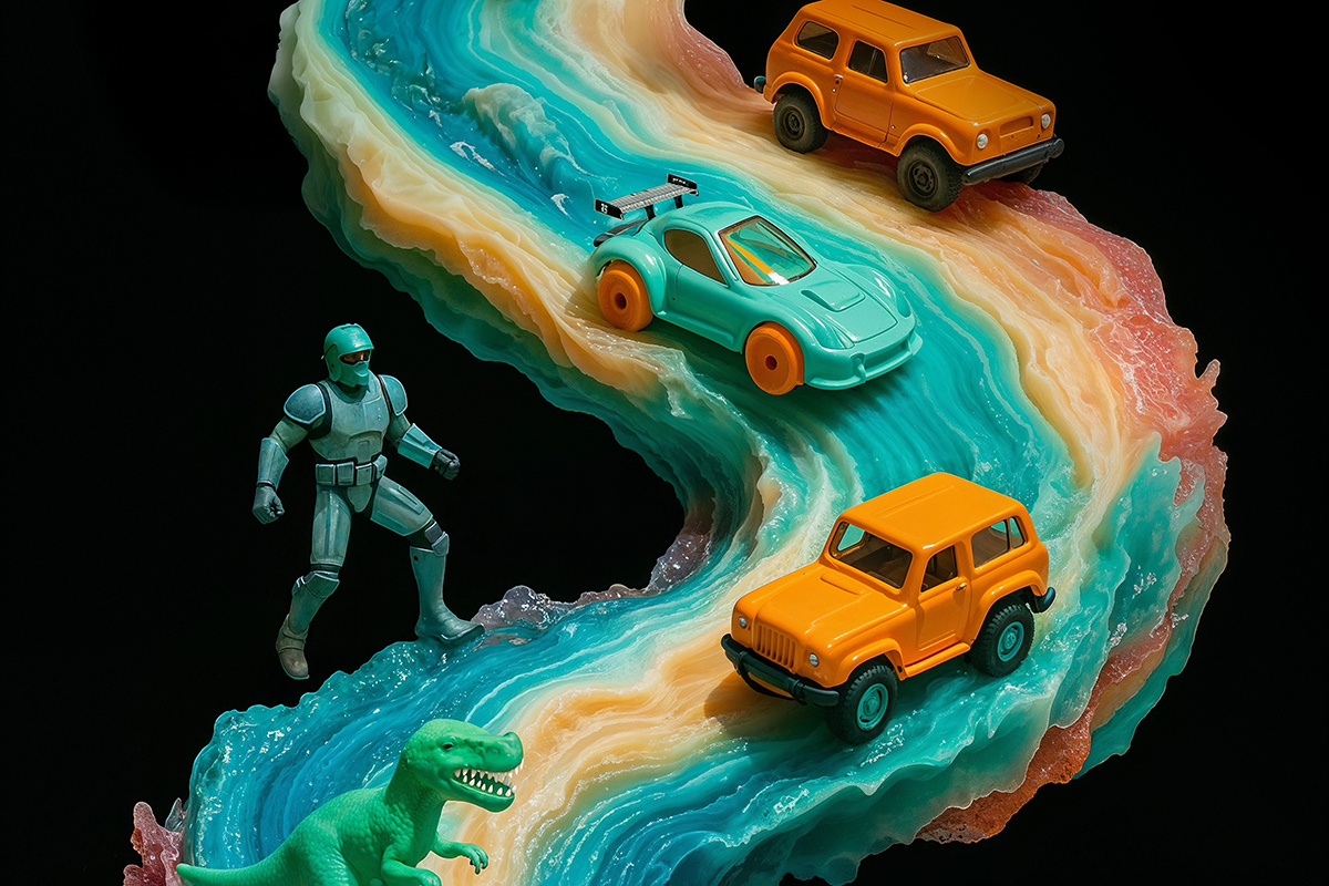 An AI-generated image with a multi-colored surface with figurines one it.