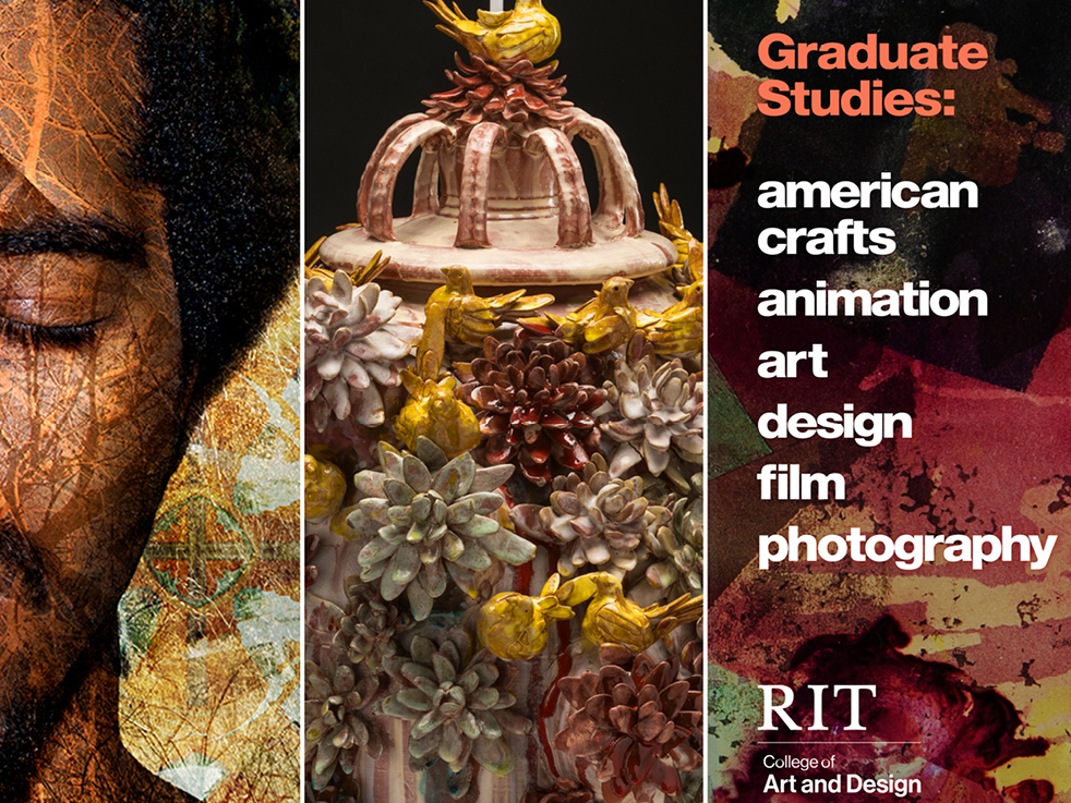 A cover of a graduate viewbook with photos by MFA students at RIT.