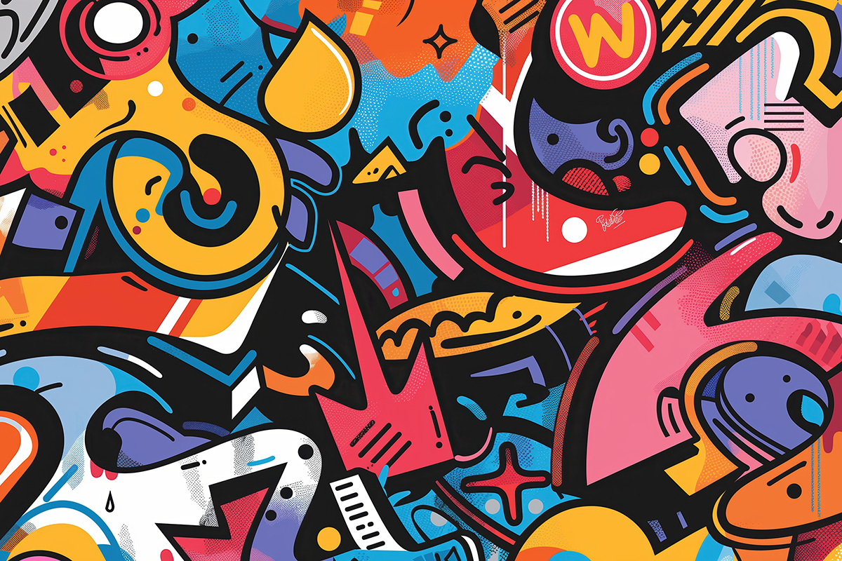 A colorful, abstract design of many objects next to one another.