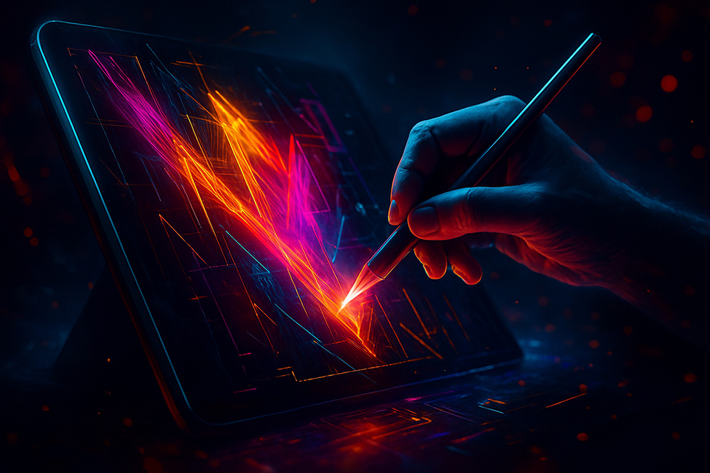 An AI-generated image of a pen touching a display.