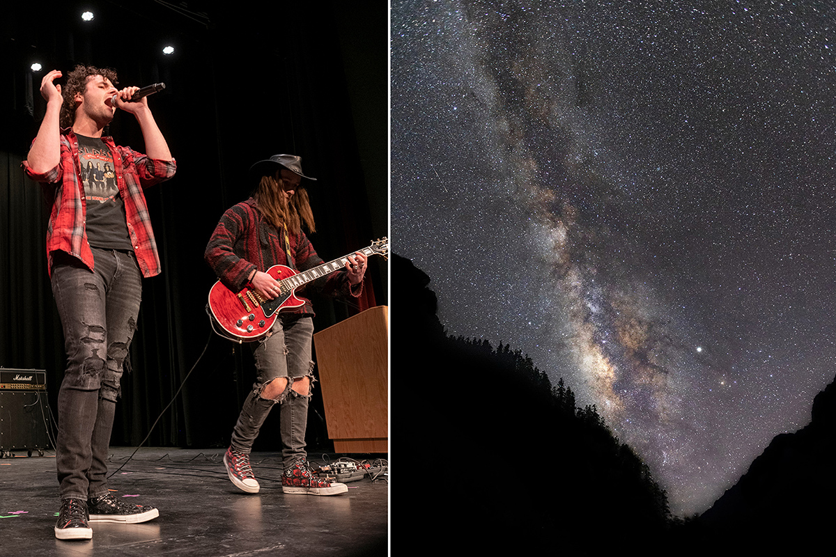A diptych of Quinn Freidenburg singing, next to a photo of space.