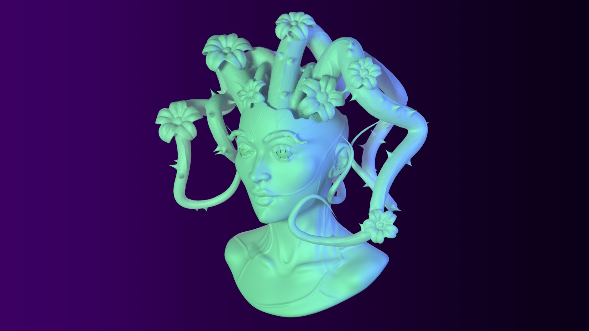 A bright-colored face sculpture.