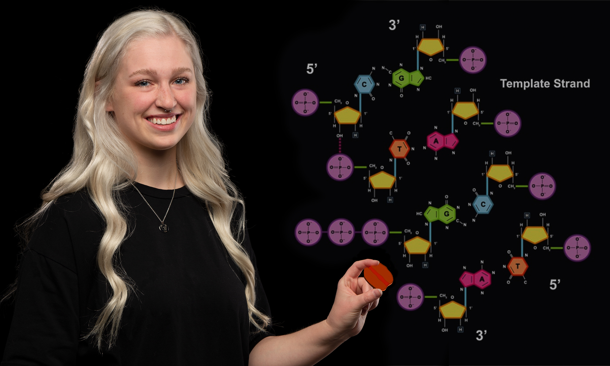 Ashley Mastin stands next to illustrated DNA strands.