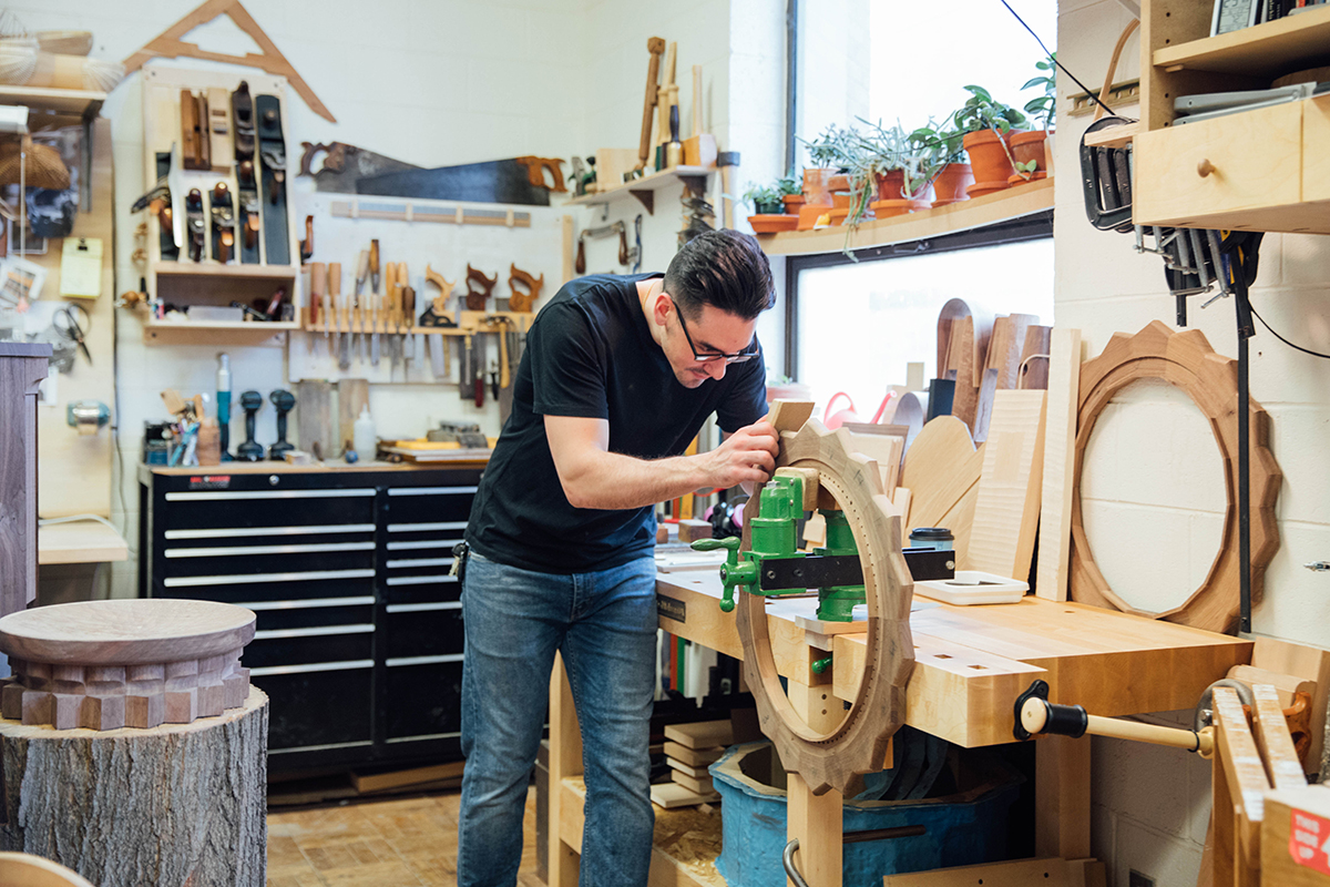 An MFA student works on a project in the furniture design graduate studio.