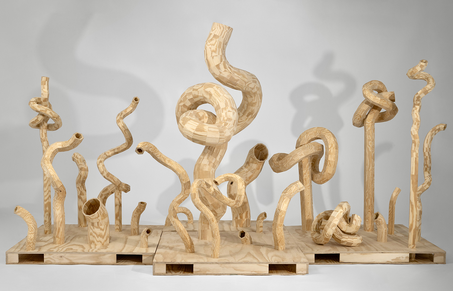 A series of wooden, knotted sculptures on platforms.