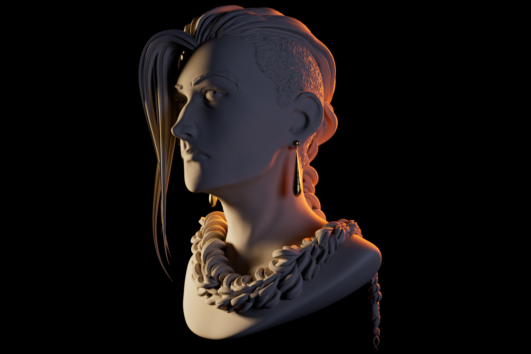A 3D-sculpted bust of a character.
