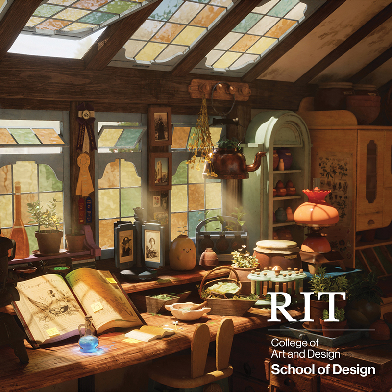 A brochure cover of a highly stylized 3D envrionment.