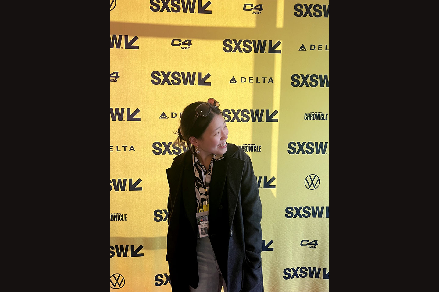 Diane Catsburrow Linnet in front of a SXSW backdrop.