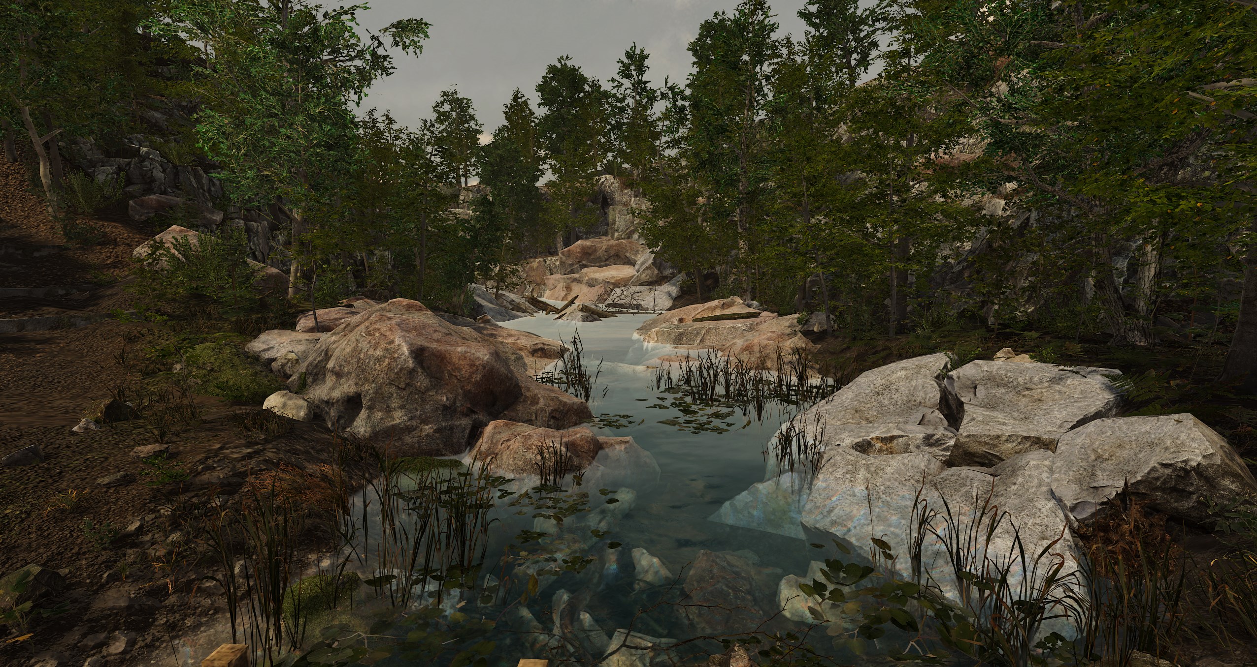 A rendering of a landscape scene of rocks, water and trees.