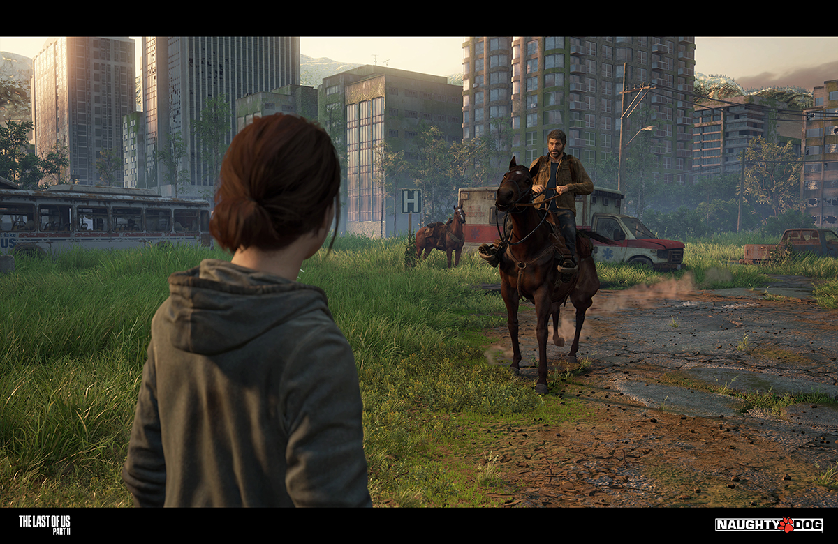 A video game scene of a man on a horse talking with a girl.