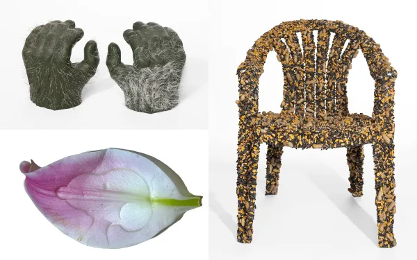 A group of sculptures ranging from forms of hands to a leaf to a chair.