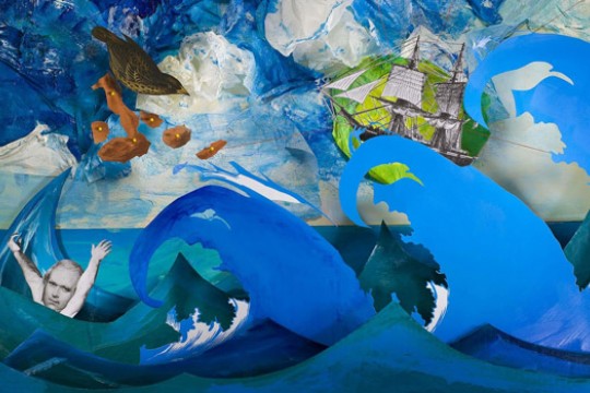 Art of Person in water with Ship in the background