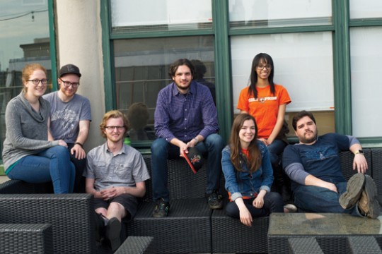 People sitting outside window