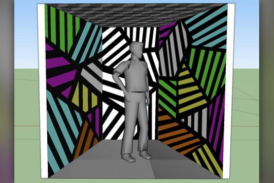 an image of a 3 D person standing in a room with colorful geometric shapes and black lines.