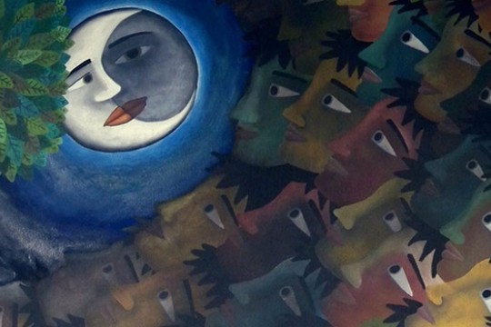 Painting of Faces looking up at the moon