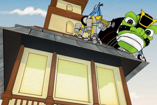 Cartoon of giant robot on building