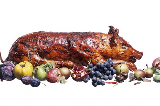 Picture of cocked pig and fruits and vegetables