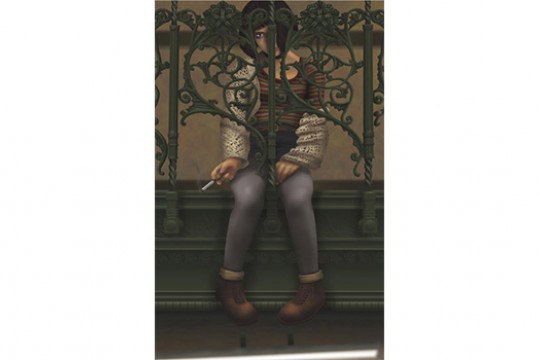 Art of person sitting behind fence