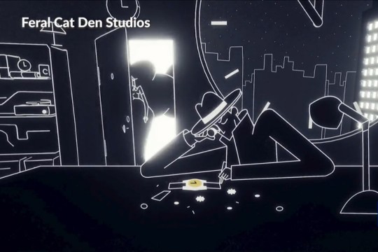 screenshot of back-and-white illustrated video game with a detective examining a watch.